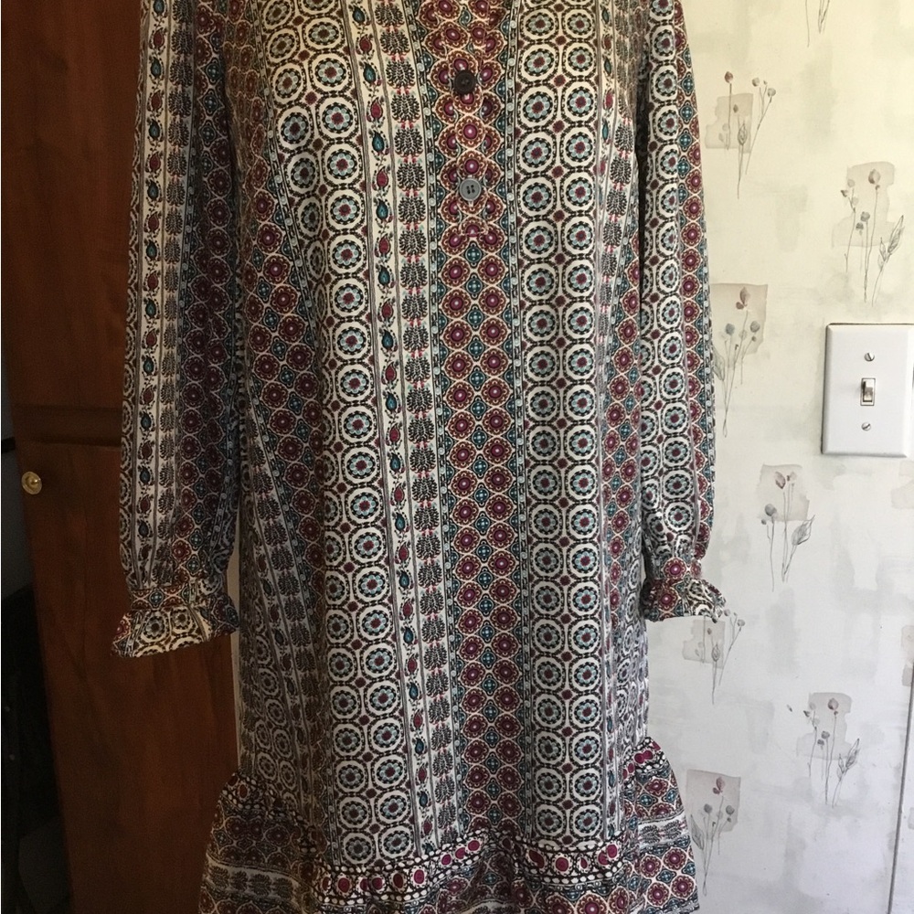 LOFT Petite XXS Bishop Sleeve Mini Dress Geometric Boho Print Button Cuff NWT